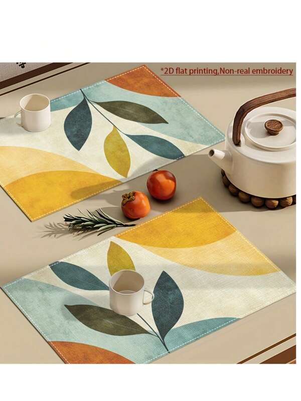 4 pezzi Sottobicchieri con stampa di foglie d'oliva - In poliestere lavabile, design astratto con due foglie scure, tappetini rettangolari per tavoli da pranzo, cucina e feste, accessorio per la tavola da pranzo | Design foglia astratto | Stoviglie durevoli, Tuo testo qui