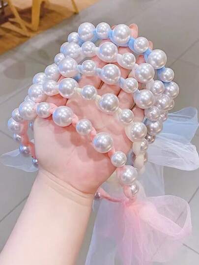 1 diadema de perla rosa con cinta que puede trenzarse sin dañar el cabello, diadema de malla de princesa, accesorio de pelo lindo