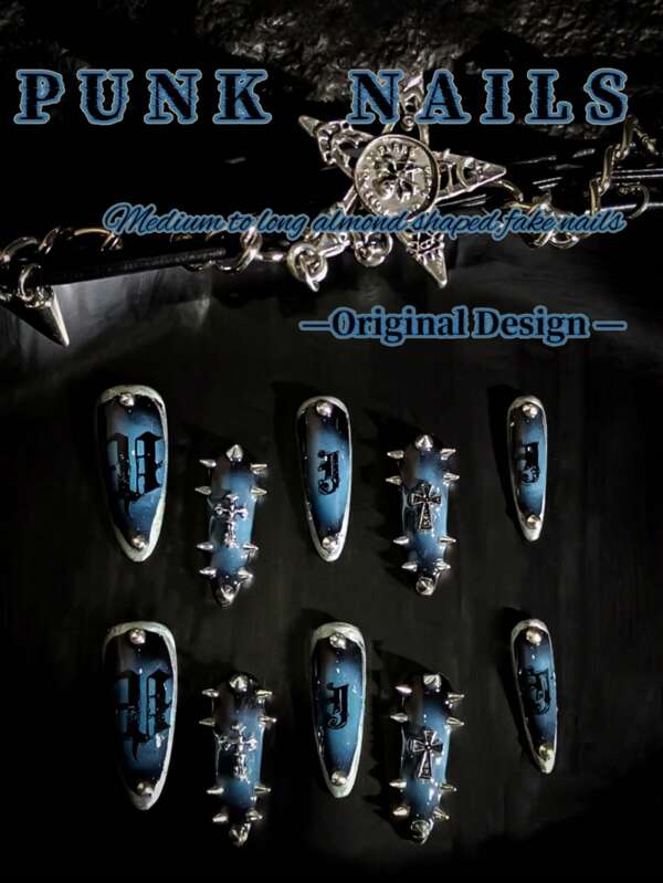 Original Design, Handmade, 10 Punk Style Nails, Medium To Long Almond Shaped Fake Nails, Rivet Fake Nails. The Perfect Fusion Of Letters, Crosses, And Rivets, As Well As Clever Designs Featuring Heavy Metal Textures, Make You A Unique Punk Girl. Cool And Spicy Punk Girl Blue Heavy Metal Nail Set, Suitable For Women And Girls To Wear At Daily Holiday Parties, Enhancing Your Appearance. Press The Nail