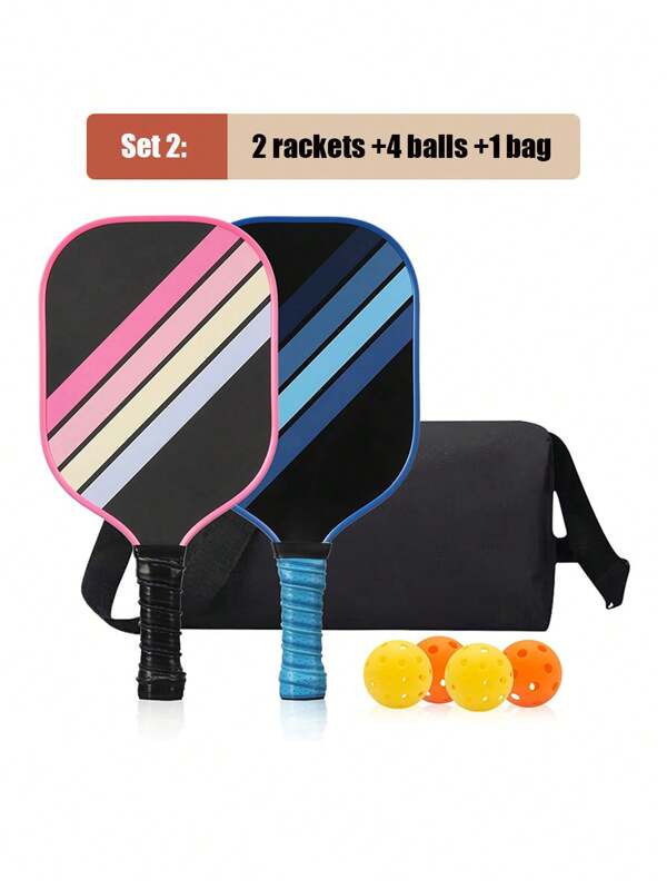 Juego de 2 raquetas + 4 pelotas + 1 paquete de raqueta de pickleball de fibra de vidrio bicolor ligera con núcleo de panal de PP, adecuado para principiantes, intermedios y competición profesional, gran regalo