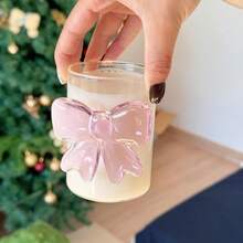 Bow Decor Glass Cup, Cute Water Cup, Household Glass Cup, Princess Style Cup, Juice Cup, Suitable For Iced Coffee And Juice, Drinkware - Transparent + Pink - View 6