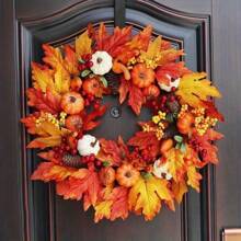 1Pc Autumn Door Wreath Christmas Halloween Decoration Pumpkin Berry Pine Cone Maple Artificial Wreath Cloth Rattan Material Home Decoration