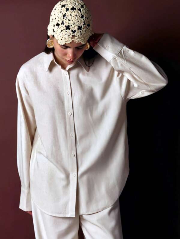 Schlichte Knopf-Langarmbluse, Damen Bluse, Frühling/Sommer neue Aprikot Farbe Damen Hemd, locker sitzende elegante Bluse, einfarbige Knöpfe, minimalistisch für Alltag und Büro, Damen Arbeitsuniform, Büromode, Lehrerin, Urlaubsoutfit, Hemd im Stil des Nationalfeiertags in Saudi-Arabien und im Nahen Osten, Collegejacke, europäische Businessmode