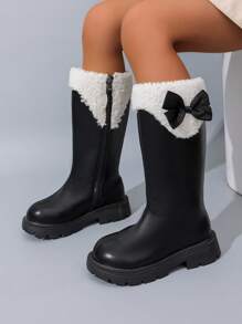 5-18 Years Old Girls Winter Vintage British Style Bowknot Thermal Lined Riding Boots, Fashionable Classic Soft Comfortable Leather Children Boots For Outdoor, Anti-Slip Durable Round Toe Kids Long Tube Boots, Spring/Autumn Easy On/Off Girls Rubber Boots 2025 New Black Matte Tall Boots