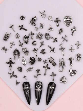 50 piezas de decoración de uñas gótica retro, accesorios de joyería de metal con forma de cruz y calavera, accesorios de uñas DIY, suministros de uñas, encantos de uñas, gemas de uñas