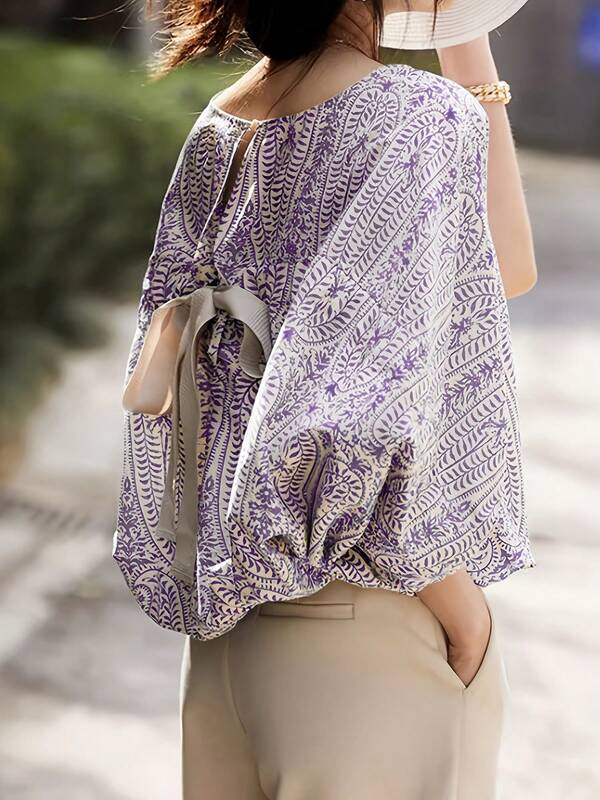 Plus Size Elegant Floral Print Half Sleeve Shirt, Lantern Sleeve And Round Neck - Loose Fit, Polyester, Floral Design For Women, Suitable For Spring And Summer Outings, Outdoor Clothing | Lantern Sleeve Shirt | Floral Print Shirt, Women Plus Size Shirt