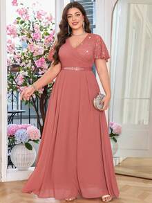 Butterfly Sleeve V-Neck Floral Lace Patchwork Chiffon Diamond Belt Long Evening Dress, Suitable For Wedding Guests, Valentine's Day, Summer, Birthday, Graduation, Back To School And Other Occasions - Dusty Pink - View 2