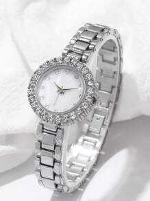 1 pieza Reloj de mujer con cara de diamante redonda, elegante y de moda. Correa de cadena de aleación versátil de acero. Reloj de cuarzo adecuado para fiestas, bodas y uso diario, el mejor conjunto de regalo para mujeres.