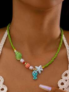 1 件波西米亚风格树脂海星、贝壳、鱼串珠吊坠项链，适合女士，创意手工派对礼物（手工制作，珠子数量因长度而异）