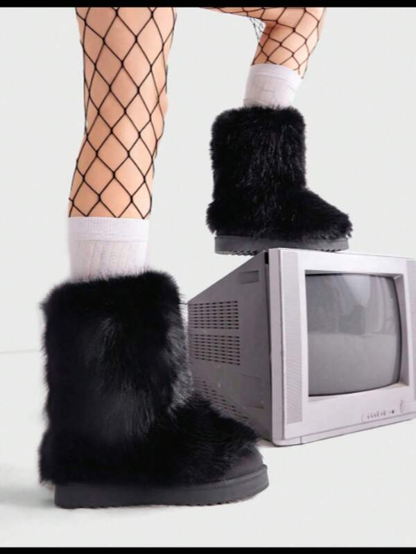 Fashionable Fluffy Snow Boots For Women, Plush Mid-Calf Boots Thick Sole, Punk Style Boots For Autumn/Winter