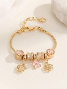 1 pieza Brazaletes para joyería adolescente, ajustable, simple y de moda, serie de flores rosas de aleación de zinc hueca con flores DIY de cuentas