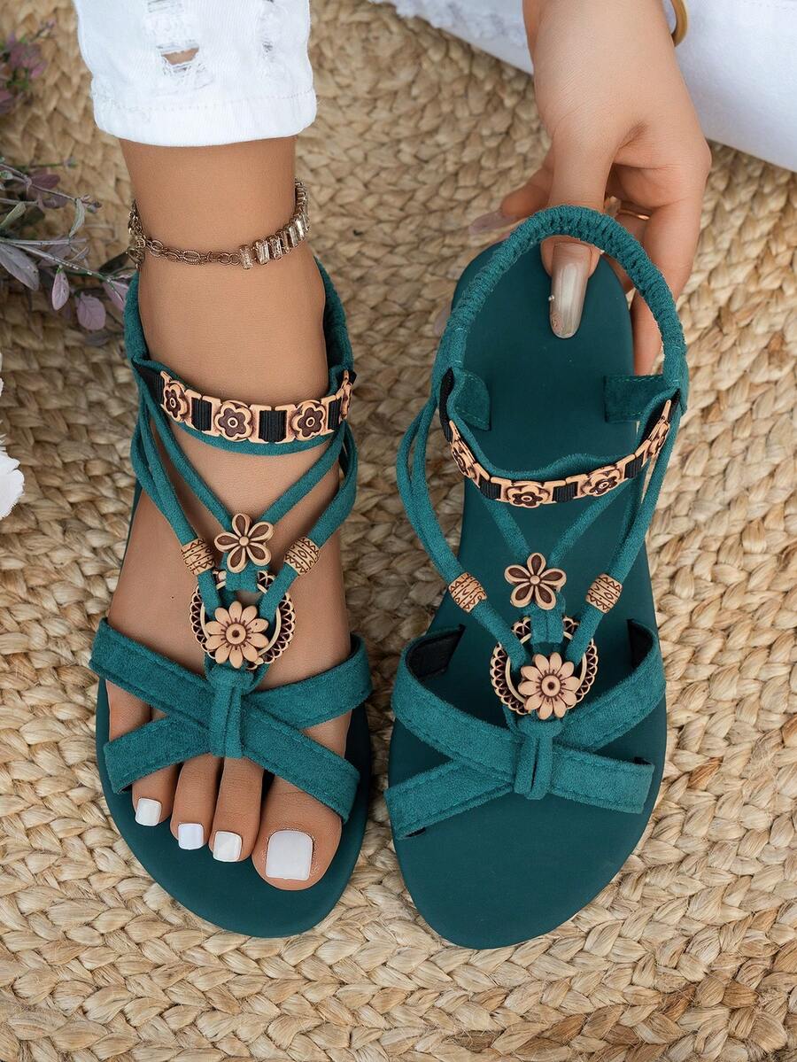 Women's Fashion Bohemian Style Flat Sandals, Casual Versatile, Suitable For Weddings, Parties, Outdoor, Beach - Dark Green - View 1