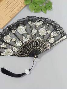 40 件/20 件/4 件优雅复古玫瑰蕾丝花形手扇，复古风格白玫瑰花形折叠手扇，包含 5 件手扇和 5 张感谢卡和 5 个流苏和 5 个欧根纱袋，白色和金色花卉图案带流苏，适用于婚礼、新娘送礼会、派对和教堂装饰、舞会和派对道具、教堂婚礼装饰 - 彩色 - 查看 5