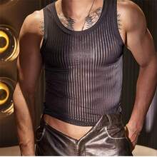 Tops transparentes a rayas para hombre, camisetas sin mangas, camisetas de fitness de fitness a rayas finas transparentes de alta elasticidad - Negro - Ver 2