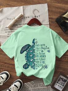 1pc Tween Girls Tropical Turtle Print Summer Short Sleeve T-Shirt, Young Student Beachwear - Mint Green - View 5