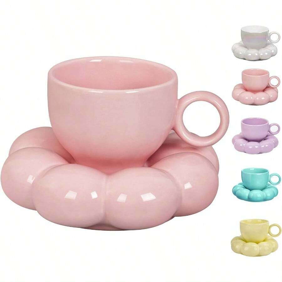 YU10oz Coffee Mug For WomenTea Cup And Saucer Set With Spoon Perfect For Latte And Milk Dishwasher And Microwave Safe Suitable For Mom Peach PinkYU - 桃粉色 - 查看 1