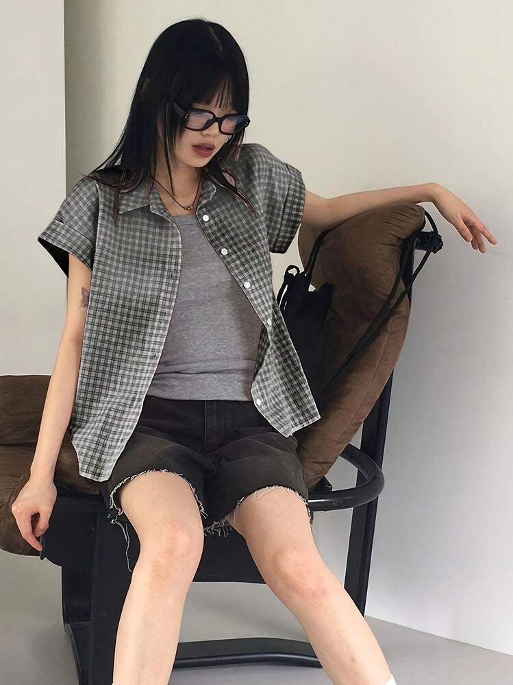 Camisa con botones y estampado de cuadros, blusa casual de manga corta para mujer para primavera y verano - Negro - Añade 3