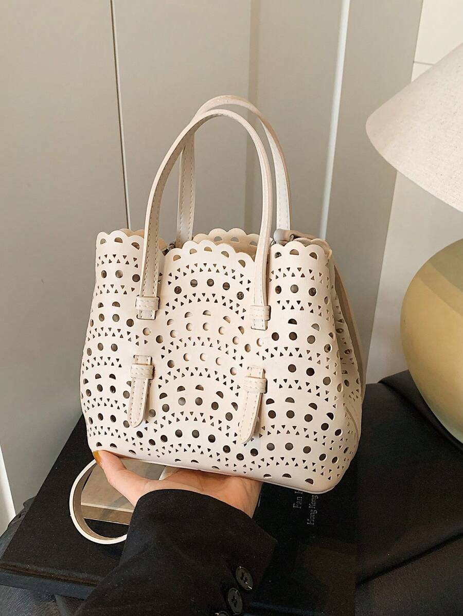 2 piezas Bolso de hombro tipo tote con diseño calado y bolsillo interior de moda