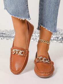 Damen elegante Loafers mit goldener Ketten-Dekoration, flache Lässig Schuhe geeignet für Frühling, Sommer, Herbst und Winter