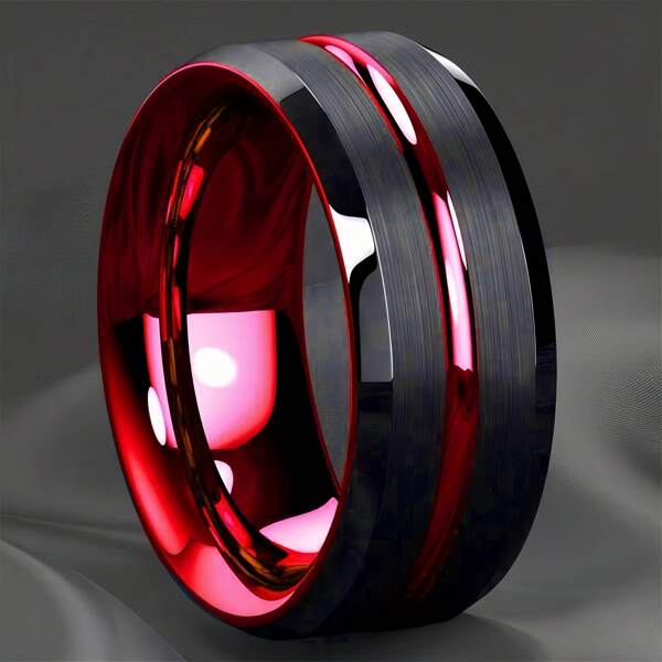 1 Pc Fashion New Elegant Aristocratic Red Slot Men's Domineering Ring Stainless Steel Inlay Red Carbon Finger Ring Jewelry Gift