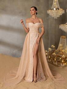 Faeriesty Faeriesty Chic & Glamorous Beaded Off-Shoulder Short Sleeve Maxi Party Dress With Layered Tulle Skirt And High Slit For Red-Carpet Galas, Black-Tie Dinners, Luxury Wedding Receptions, Exclusive Banquets, Formal Charity Events​