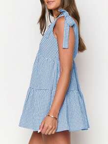 Women Y2k Tie Shoulder Mini Dress Gingham Sleeveless Deep V Neck Flowy Babydoll Dress Plaid Printed Ruffle A-Line Short Sundress Summer Beach Vacation Dresses