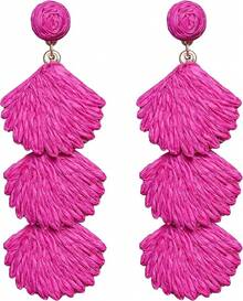 Raffia Dangle Earrings Women - Boho Statement Rattan Drop Jewelry With Design, Lightweight Summer Beach Accessories - Hot Pink - View 1