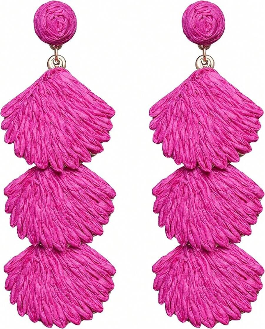 Raffia Dangle Earrings Women - Boho Statement Rattan Drop Jewelry With Design, Lightweight Summer Beach Accessories - Hot Pink - View 1