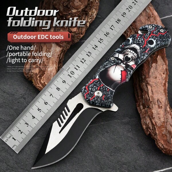 1pc Premium Gift Knife, Stainless Steel Folding Knife, Skull Design, Lightweight Landing Blade, Suitable For Outdoor Camping And Fishing