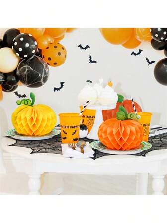 3pcs Halloween Thanksgiving Pumpkin Honeycomb Balls, Pumpkin Lantern Hanging Decor, Holiday Party Honeycomb Decorations