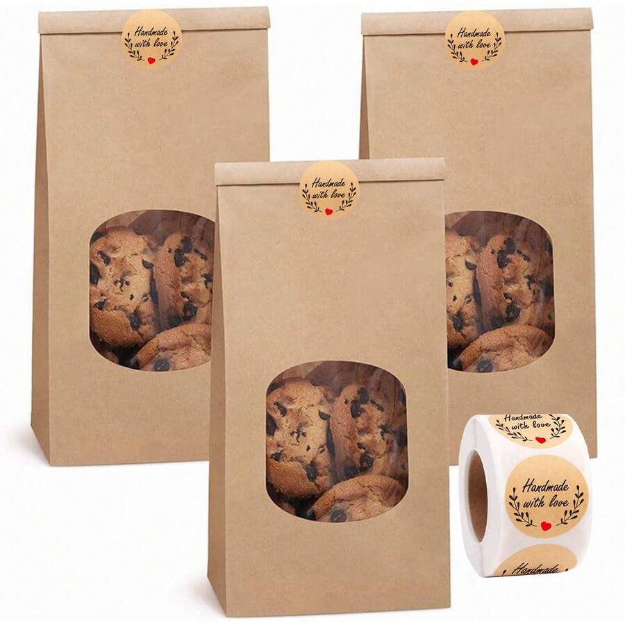 20 个牛皮纸烘焙袋，含 500 张贴纸，饼干咖啡礼品包装袋，用于烘焙饼干、糖果、甜食、巧克力、三明治、派对礼物，带窗口 - 彩色 - 查看 1