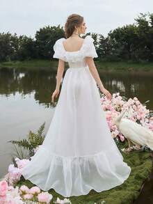 Faeriesty 女士优雅华丽方领露肩荷叶边欧根纱正式派对礼服晚礼服长裙婚礼宾客礼服、长裙、夏季度假装 - 白色 - 查看 2
