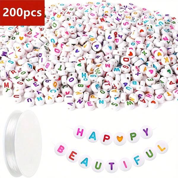 200 piezas Cuentas con letras, cuentas de alfabeto acrílicas con 1 rollo de hilo elástico para hacer pulseras, collares y suministros para joyería (Blanco y Colorido)