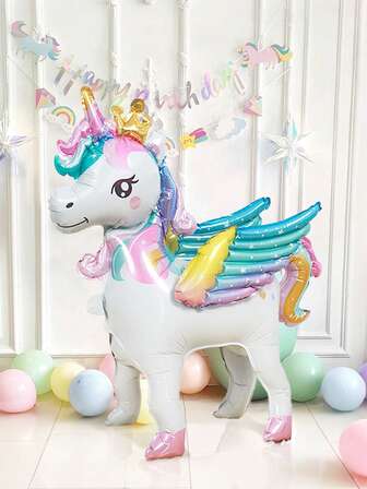 1 个 4D 站立独角兽铝箔气球和 25 个马卡龙色乳胶气球，站立独角兽戴皇冠设计，马卡龙粉色蓝色黄色紫色绿色乳胶气球，用于生日派对装饰，动物铝箔气球，马卡龙主题生日派对，动物派对装饰，派对用品，独角兽主题生日派对，性别揭晓，生日派对礼物