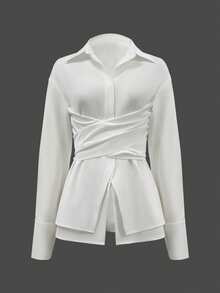 Women's Elegant Solid Color Collared Slim Waist Long Sleeve Blouse For Office Wear, Polyester Material With Buttons White Spring - White - View 6