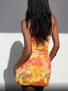 花卉印花荷叶边下摆吊带迷你休闲度假连衣裙 - 黃 - 查看 2