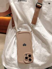 Heart-Shaped Sticker With Wavy Border, Solid Color Phone Case With Lanyard, Waterproof, Shockproof, Anti-Fall, Anti-Scratch - Khaki - View 3