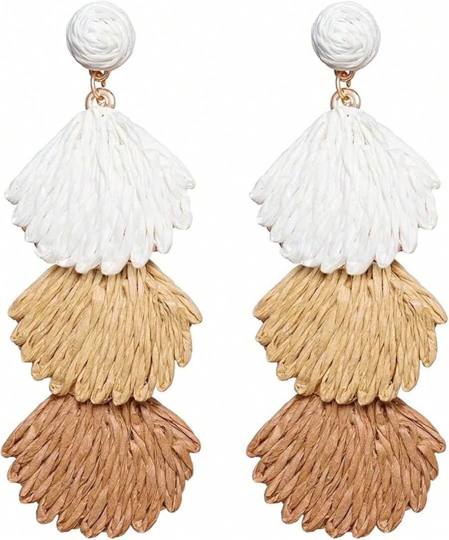 Raffia Dangle Earrings Women - Boho Statement Rattan Drop Jewelry With Design, Lightweight Summer Beach Accessories - Brown Ombre - View 1