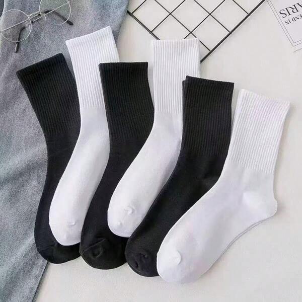 6 Pairs Simple Solid Black And White Mid-Calf Socks For Women, Everyday Wear