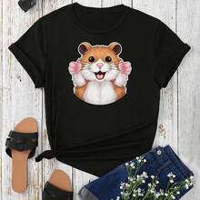 100_ Cotton Cute Hamster Cartoon Print T-Shirt - Short Sleeve, Round Neck Casual Top For Summer And Spring220g High-Quality Pure Cotton T-Shirt With Minimalist Printing, Soft And Breathable Fabric, Comfortable And Loose, Suitable For All Day Wear, Suitable For Office Casual Wear, Spring And Summer Daily Appearance, Elegant And Youthful Design Ropa De Hombre - Black - View 1