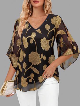 CheersLife 女式荷叶边 3/4 袖 V 领双层网眼衬衫宽松飘逸束腰上衣