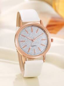 1pc Women's Fashion Grid & Comfy PU Leather Band Quartz Wrist Watch, Casual Style For Students