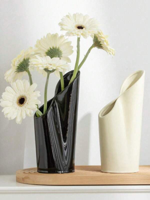 Natural Curved Floral Vase - Ceramic Crafted, Milky White Glaze, Curved Opening Design, Suitable For Living Room Fresh Flower Display, Art Arrangement, Desk Decoration, Unique Creative Birthday Gift