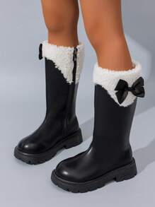 5-18 Years Old Girls Winter Vintage British Style Bowknot Thermal Lined Riding Boots, Fashionable Classic Soft Comfortable Leather Children Boots For Outdoor, Anti-Slip Durable Round Toe Kids Long Tube Boots, Spring/Autumn Easy On/Off Girls Rubber Boots 2025 New Black Matte Tall Boots