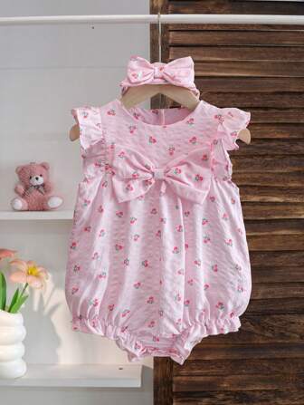 2件套新生女宝宝可爱时尚无袖连体衣和发带，夏季