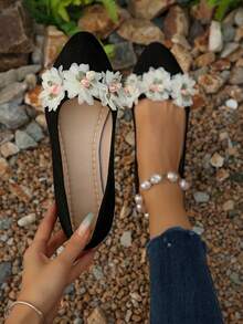 女士 3D 花卉尖头平底厚底鞋，橡胶底防滑耐磨轻便鞋，新款春秋法式优雅伴娘鞋