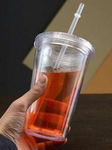 1pc Double Wall Clear Plastic Straw Cup, Insulated Milk Tea Cup - Clear - View 2