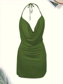 1pc Women Solid Color Sexy Spaghetti Strap Low Cut Backless Split Dress - Green - View 6