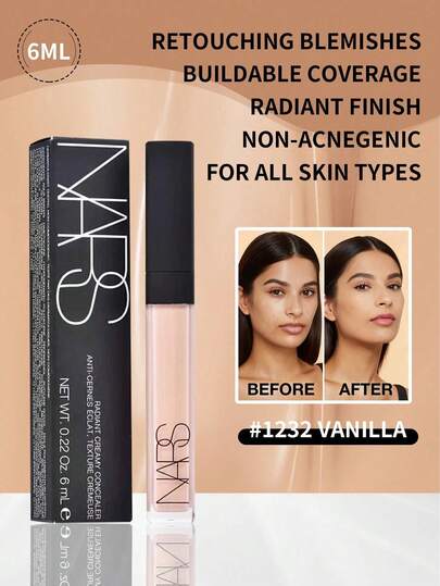  Corretivo Cremoso Radiante Nars #1232 Vanilla 6ml | Cobertura total, construível | Ilumina e disfarça olheiras e imperfeições | Textura cremosa que cria uma maquiagem impecável | Longa duração, não craquela | Proporciona um brilho natural e luminoso | Enriquecido com Vitamina E e Extrato de Semente de Uva, nutritivo e hidratante | Adequado para todos os tipos de pele, inclusive pele seca | Cobre perfeitamente manchas, vermelhidão e tom de pele irregular