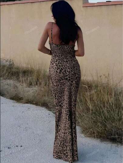 Leoparden-Muster Cut Out Schnürung Bodycon Slip Kleid